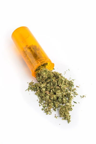 Närbild Medicinsk Marijuana Gul Piller Flaska Vit Bakgrund — Stockfoto