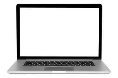 MOSCOW, RUSSIA 17 Ekim 2017: İzole edilmiş beyaz ekranlı yepyeni MacBook Pro. MacBook, Apple Inc. tarafından üretilen bir dizüstü bilgisayar markasıdır..
