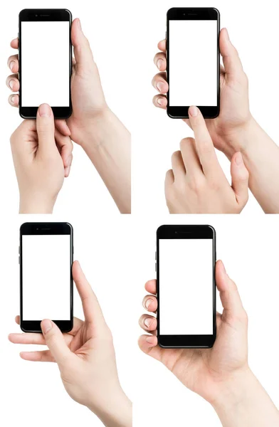 İzole edilmiş beyaz ekranlı siyah akıllı telefon tutan bir çift erkek eli.