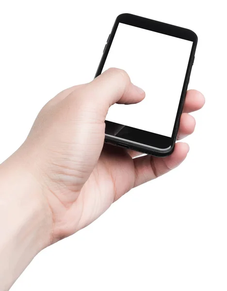 Άνδρας Χέρι Κρατώντας Μαύρο Smartphone Απομονωμένη Λευκή Οθόνη — Φωτογραφία Αρχείου