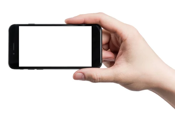 Αρσενικά Χέρια Κρατώντας Μαύρο Smartphone Απομονωμένη Λευκή Οθόνη — Φωτογραφία Αρχείου