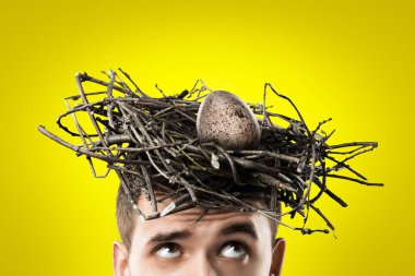 Erkek, kafasında bir kuş yuvası tutuyor. Renk arkaplanı.