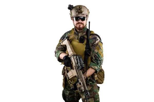 Soldado Del Cuerpo Infantería Marina Con Rifle Filmado Estudio Aislado — Foto de Stock