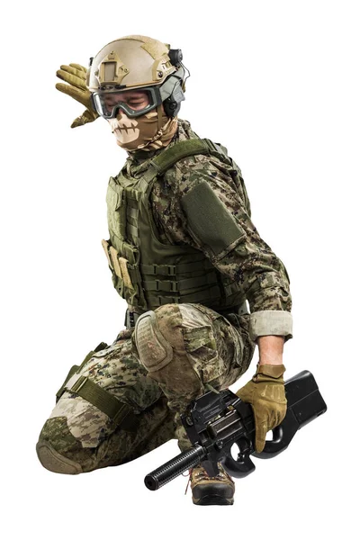 Hombre Uniforme Unidades Tácticas Policía Con Metralleta P90 Grabado Estudio — Foto de Stock
