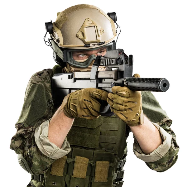 Man Uniform Van Tactical Units Police Met Submachinegeweer P90 Studio — Stockfoto