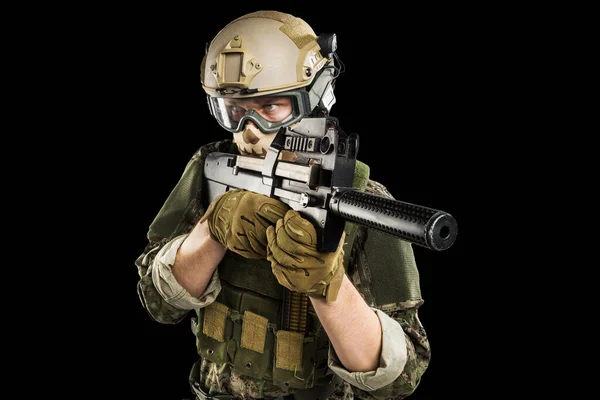 Männlich Uniform Taktischer Polizeieinheiten Mit Maschinenpistole P90 Gedreht Studio Isoliert — Stockfoto