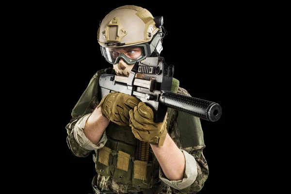 Man Uniform Van Tactical Units Police Met Submachinegeweer P90 Studio — Stockfoto