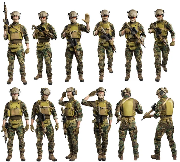 Conjunto Soldados Del Cuerpo Infantería Marina Con Rifle Filmado Estudio — Foto de Stock