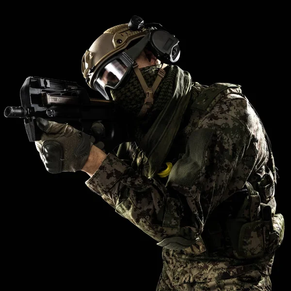 Hombre Uniforme Unidades Tácticas Policía Con Metralleta P90 Grabado Estudio — Foto de Stock