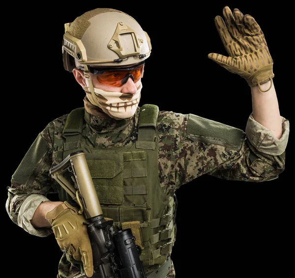 Mężczyzna Mundurze Jednostek Taktycznych Policji Postrzelony Studio Odizolowana Ścieżką Wycinania — Zdjęcie stockowe
