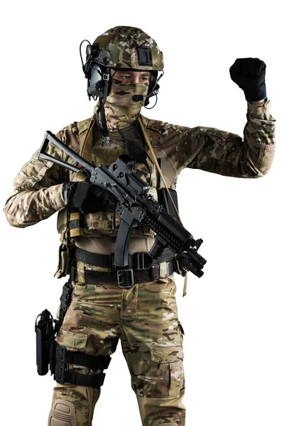Soldier Holding Assault Rifle Uniform Conforms Special Services Russian Federation — Stock Photo, Image