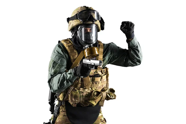 Soldat Mit Sturmgewehr Die Uniform Entspricht Den Besonderen Leistungen Der — Stockfoto