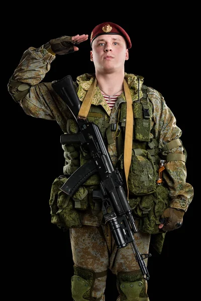 Чоловік Російській Механізованій Піхотній Формі Ізольований Обрізаним Шляхом Чорному Тлі — стокове фото