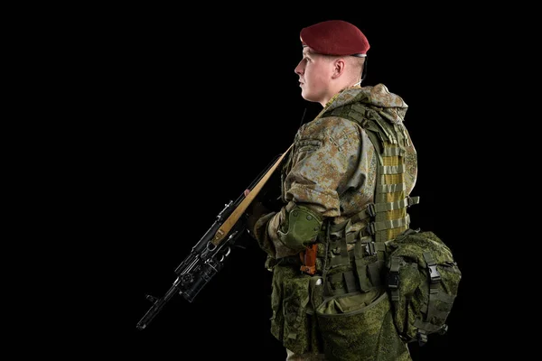 Man Ryska Mekaniserade Infanteri Uniform Isolerad Med Klippning Väg Svart — Stockfoto