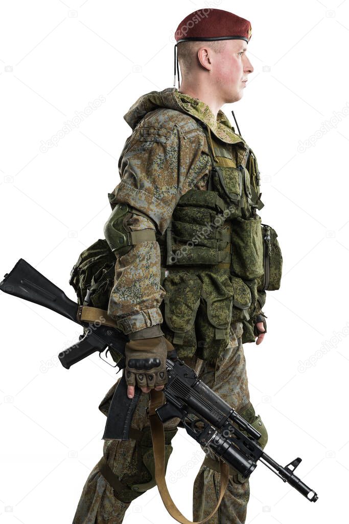 male in russian mechanized infantry uniform isolated with clipping path on white background.