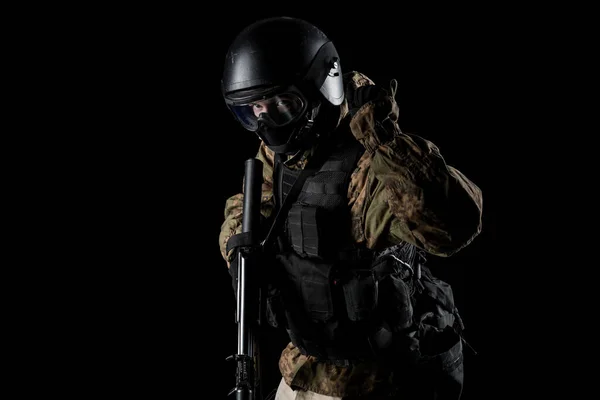 One Soldier Holding Assault Rifle Uniform Conforms Special Services Fsb — Stock Photo, Image