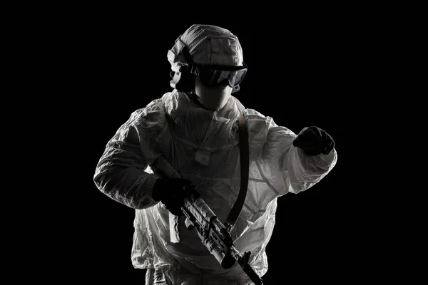 Mâle Uniforme Infanterie Mécanisé Russe Camouflage Neige Sur Fond Noir — Photo