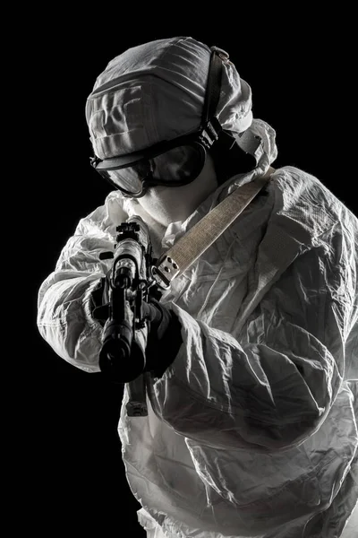 Macho Uniforme Infantería Mecanizado Ruso Camuflaje Nieve Sobre Fondo Negro — Foto de Stock