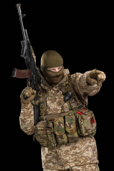 One Soldier Holding Assault Rifle Uniform Conforms Sub Unit Russia — Stock Photo, Image