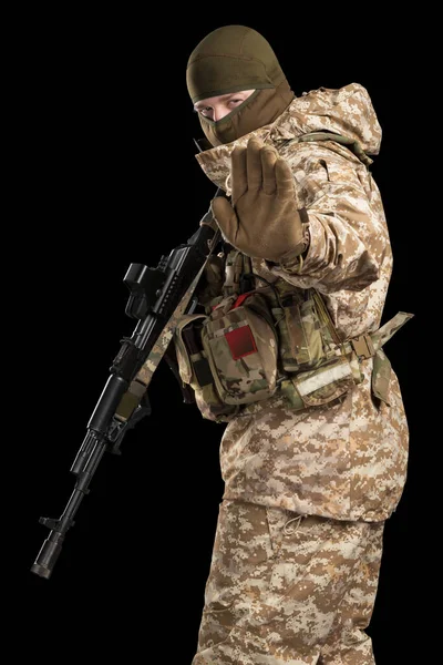 Soldat Tenant Fusil Assaut Uniforme Conforme Sous Unité Des Forces — Photo