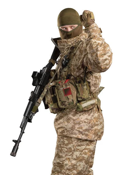 Soldat Tenant Fusil Assaut Uniforme Conforme Sous Unité Des Forces — Photo