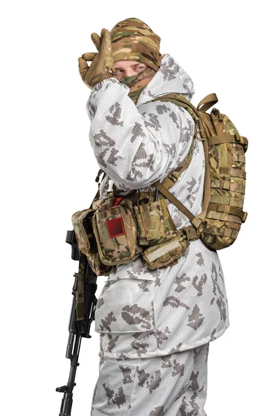 One Soldier Holding Assault Rifle Uniform Conforms Sub Unit Russia — Stock Photo, Image