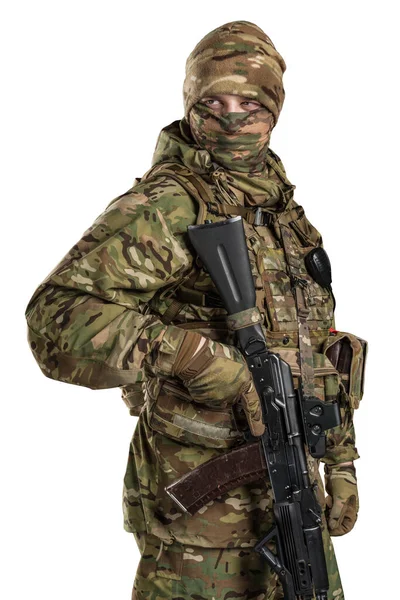 Soldado Sosteniendo Rifle Asalto Uniforme Ajusta Sub Unidad Las Fuerzas — Foto de Stock