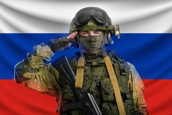 Männchen Russischer Mechanisierter Infanterieuniform Flagge Russlands Hintergrund — Stockfoto