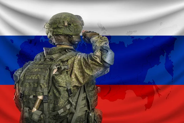 Male Russian Mechanized Infantry Uniform Flag Russia Background — Stock Photo, Image