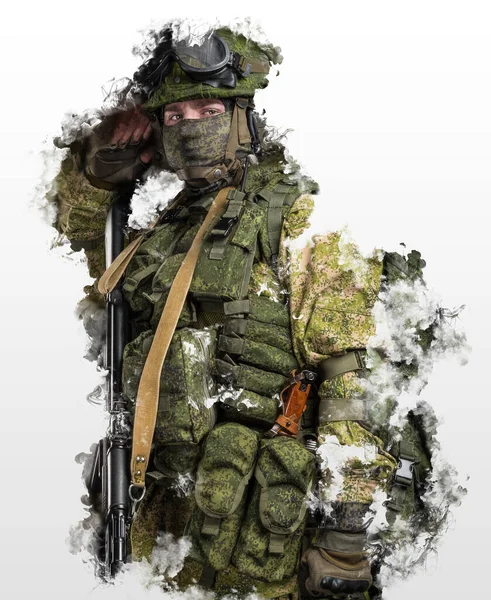 Mann Mechanisierter Infanterie Uniform Salutiert Körper Rauch Effekt — Stockfoto