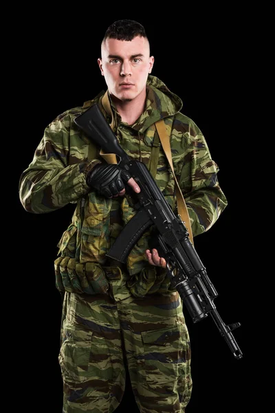 Mężczyzna Rosyjski Żołnierz Odizolowany Klipu Ścieżki Czarnym Tle — Zdjęcie stockowe