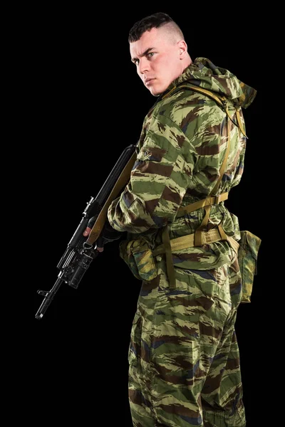 Russischer Soldat Isoliert Mit Clipping Pfad Auf Schwarzem Hintergrund — Stockfoto