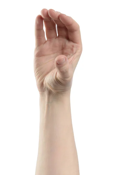 Mão Masculina Segurar Algo Como Telefone Isolado Com Recorte Caminho — Fotografia de Stock
