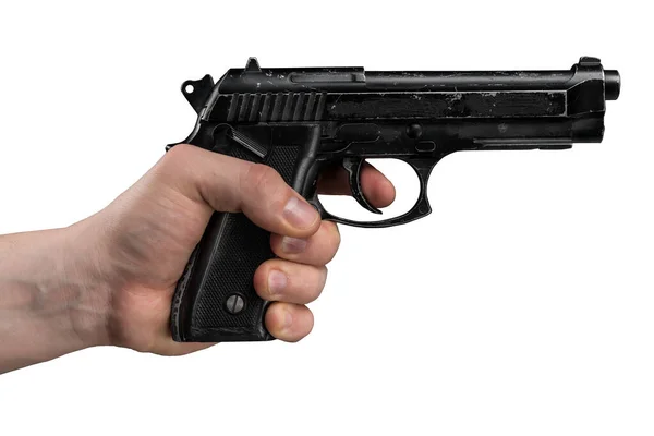 Handgun Beretta Mão Masculina Isolado Fundo Branco — Fotografia de Stock