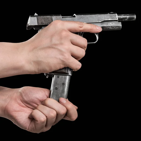 Legendary Army Handgun Colt 1911A1 Male Hand Isolated Black Background — Fotografia de Stock