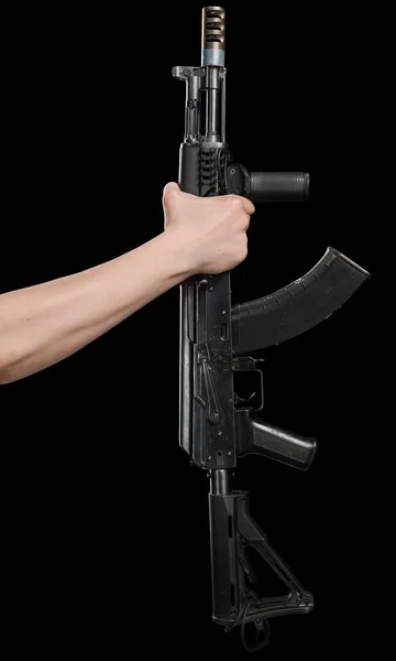 Kalashnikov Misshandel Gevär Ak74 Manlig Hand Isolerad Svart Bakgrund — Stockfoto