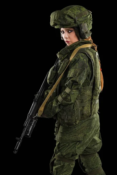 Жінка Російській Механізованій Піхотній Формі Чорному Тлі — стокове фото