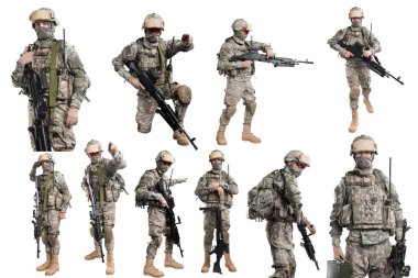 Amerikan Ordusu üniformalı asker erkek kolajı (omzunda ABD Bayrağı). Stüdyoda çekilmiş. Beyaz arkaplanda kırpma yolu ile izole edildi