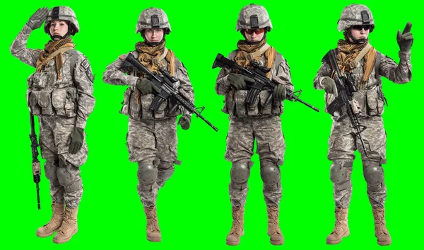 Female in US Army soldier with rifle. Shot in studio on green screen chroma key background.