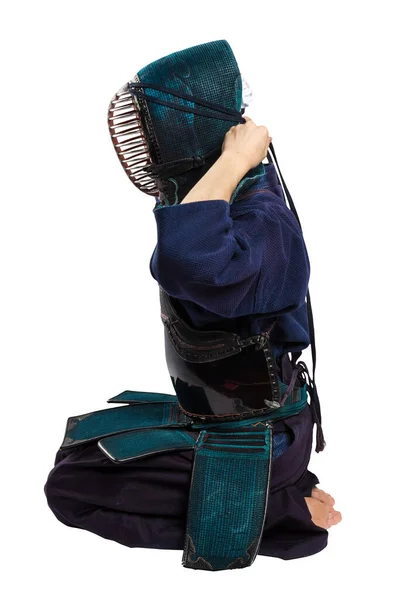 Portret Van Mens Kendo Vechter Met Shinai Bamboe Zwaard Studio — Stockfoto