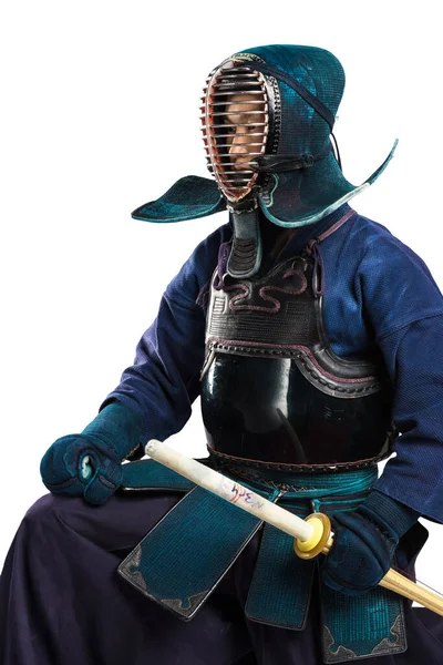 Πορτρέτο Του Ανθρώπου Kendo Μαχητής Shinai Μπαμπού Σπαθί Πυροβολήθηκε Στο — Φωτογραφία Αρχείου