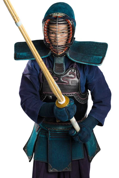 Portret Człowieka Kendo Fighter Shinai Bambusowy Miecz Postrzelony Studio Odizolowana — Zdjęcie stockowe