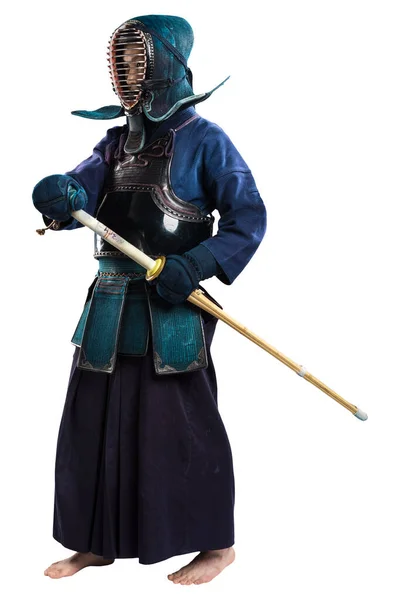 Retrato Homem Lutador Kendo Com Shinai Espada Bambu Foi Baleado — Fotografia de Stock