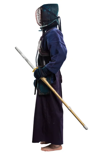 Portrét Muže Kendo Bojovníka Shinai Bambusový Meč Zastřelen Studiu Izolováno — Stock fotografie