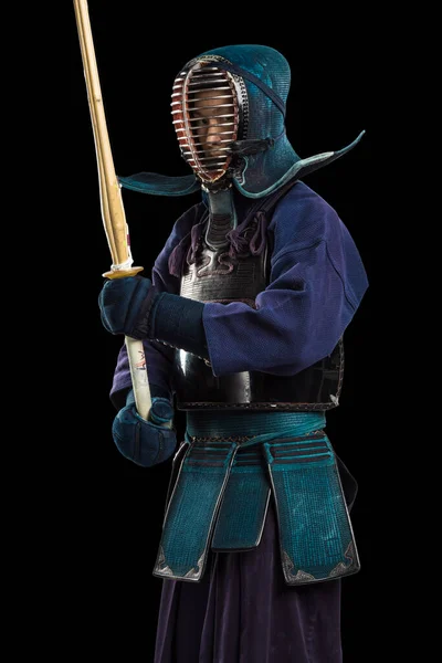 Retrato Hombre Kendo Luchador Con Shinai Espada Bambú Grabado Estudio —  Fotos de Stock