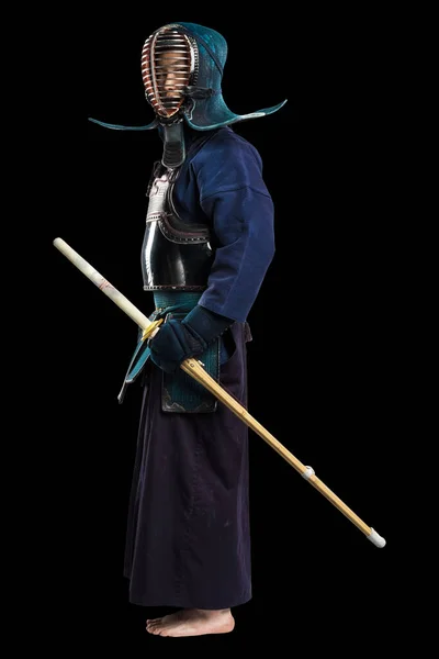 Portrait Man Kendo Fighter Shinai Bamboo Sword Shot Studio Isolated — Stock Photo, Image