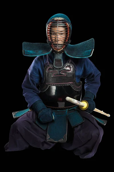 Retrato Homem Lutador Kendo Com Shinai Espada Bambu Foi Baleado — Fotografia de Stock