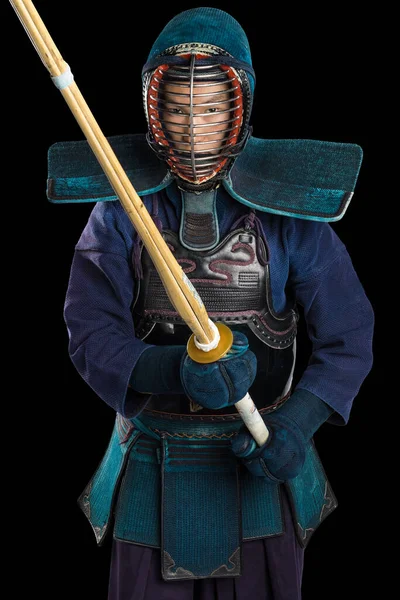 Retrato Homem Lutador Kendo Com Shinai Espada Bambu Foi Baleado — Fotografia de Stock