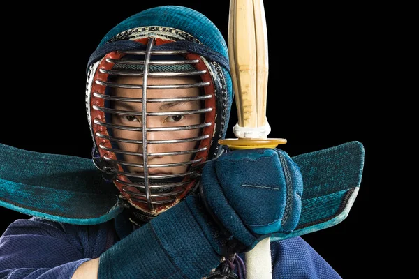 Retrato Homem Lutador Kendo Com Shinai Espada Bambu Foi Baleado — Fotografia de Stock