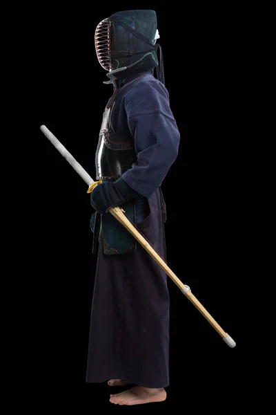 Portrait Man Kendo Fighter Shinai Bamboo Sword Shot Studio Isolated — Stock Photo, Image